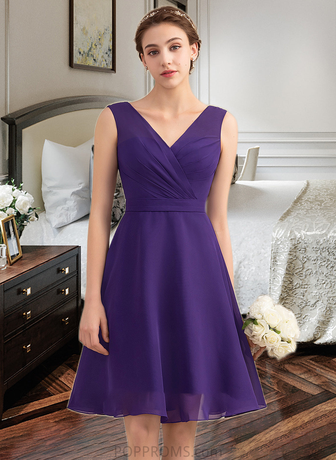 Jimena A-Line V-neck Knee-Length Chiffon Bridesmaid Dress With Ruffle PP6P0013039