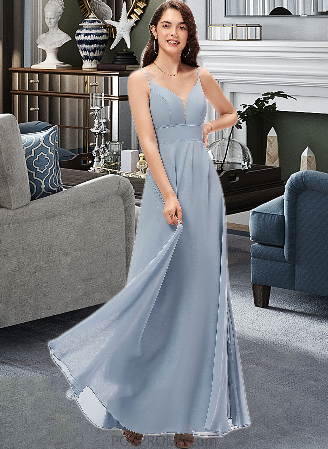 Selena A-line V-Neck Floor-Length Chiffon Bridesmaid Dress PP6P0013043