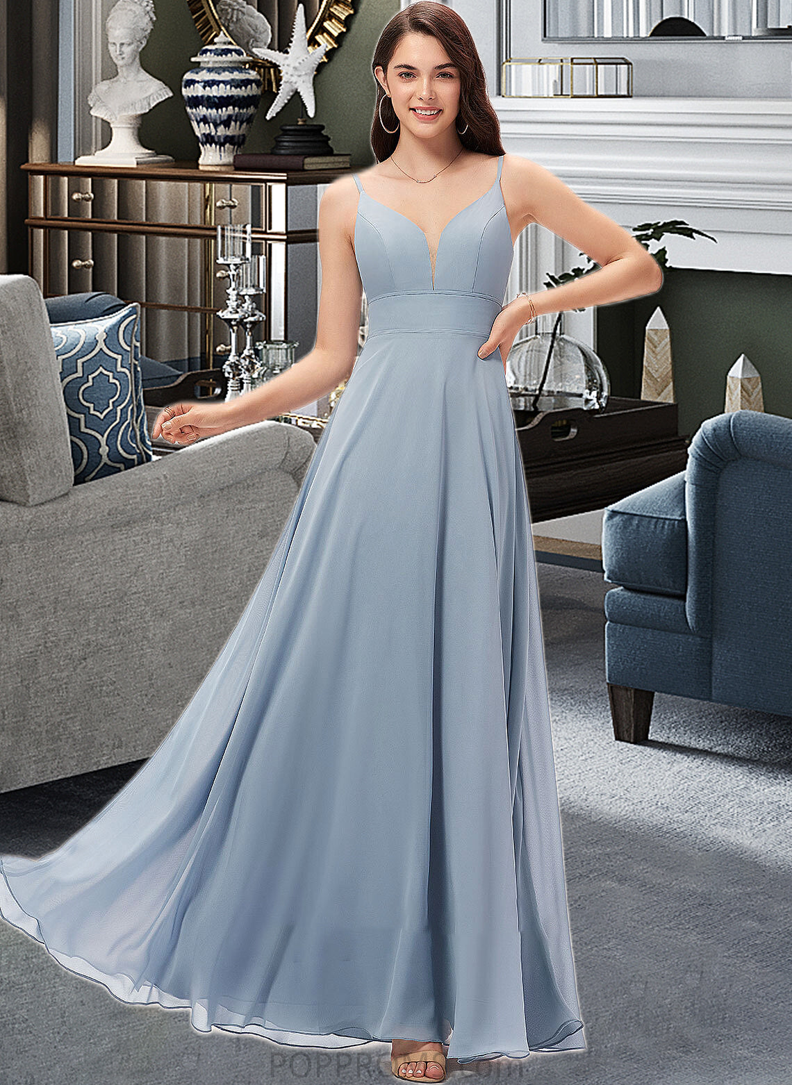 Selena A-line V-Neck Floor-Length Chiffon Bridesmaid Dress PP6P0013043