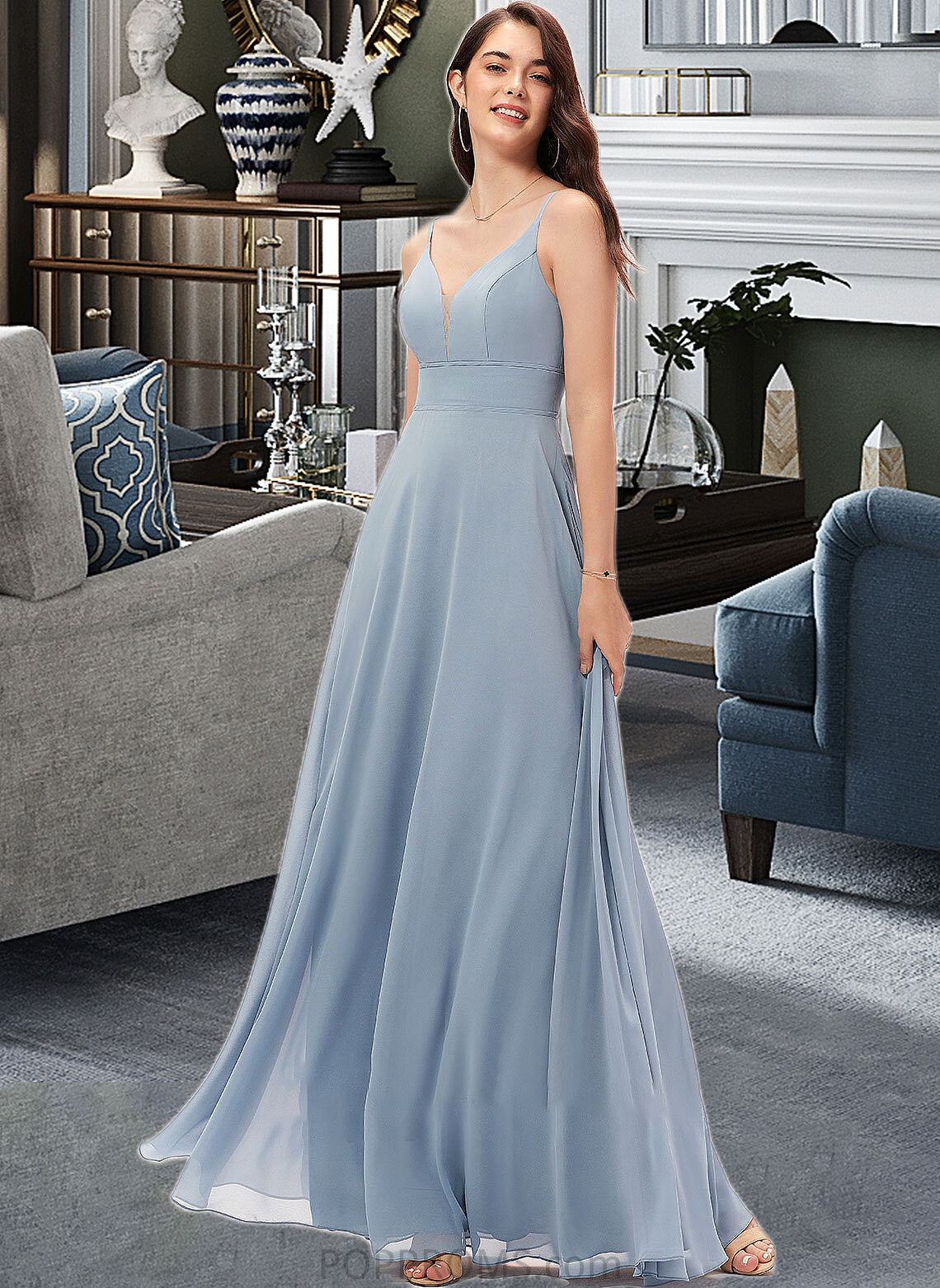 Selena A-line V-Neck Floor-Length Chiffon Bridesmaid Dress PP6P0013043