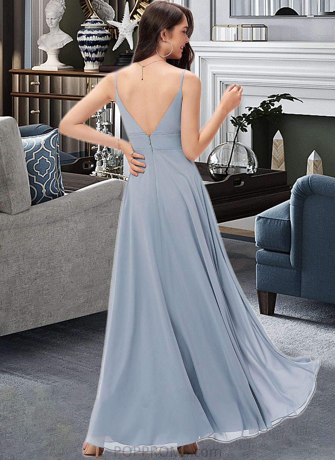 Selena A-line V-Neck Floor-Length Chiffon Bridesmaid Dress PP6P0013043