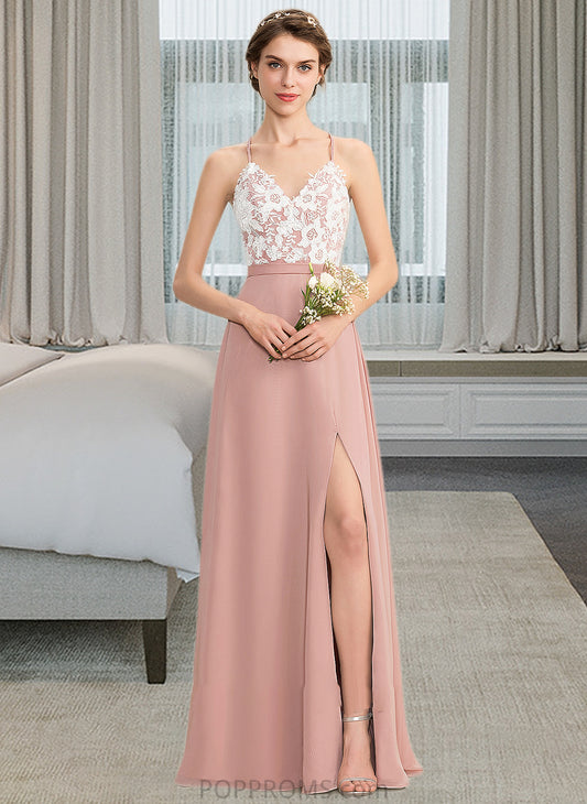 Ruby A-Line V-neck Floor-Length Chiffon Lace Bridesmaid Dress With Split Front PP6P0013045