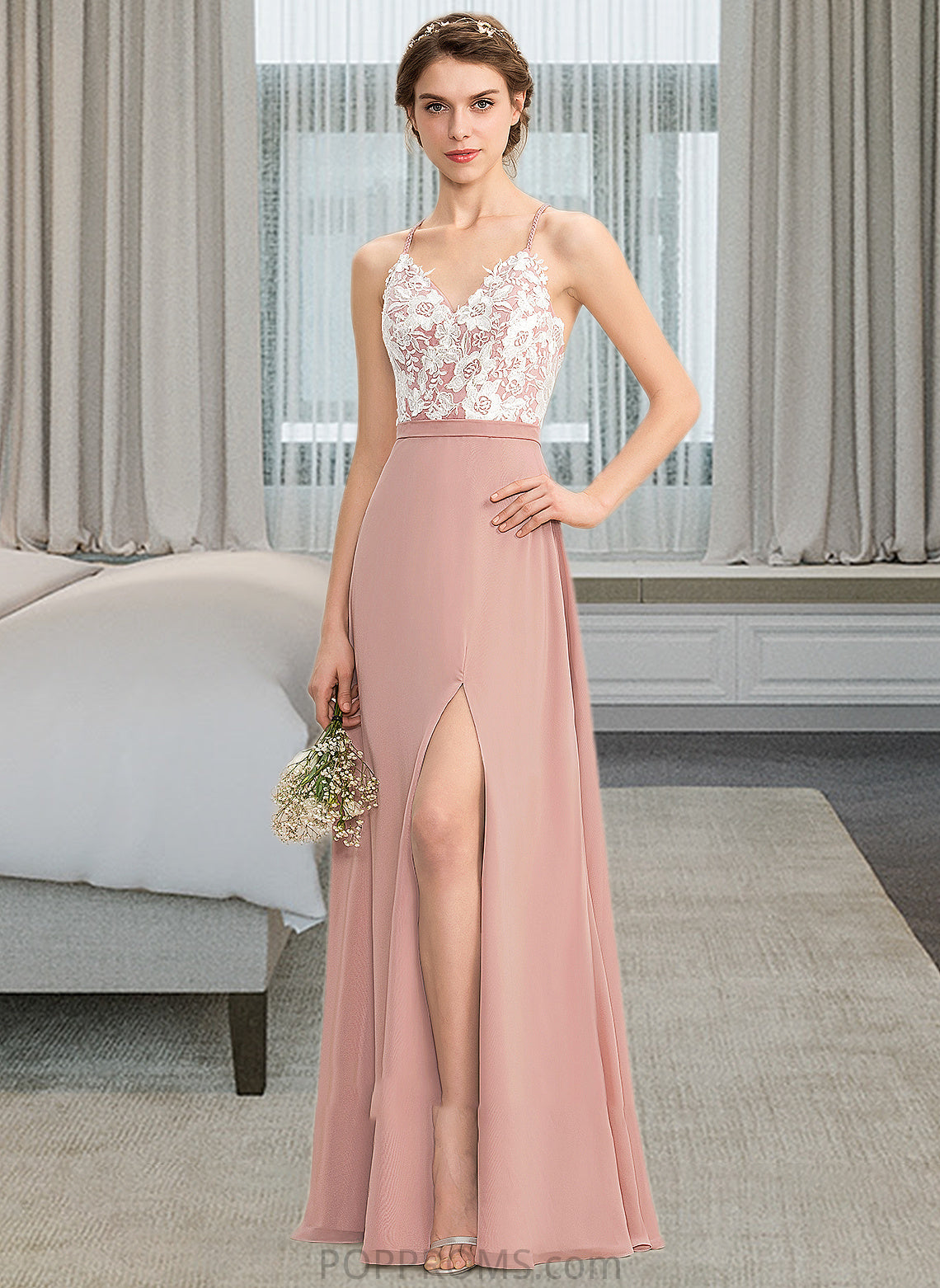 Ruby A-Line V-neck Floor-Length Chiffon Lace Bridesmaid Dress With Split Front PP6P0013045