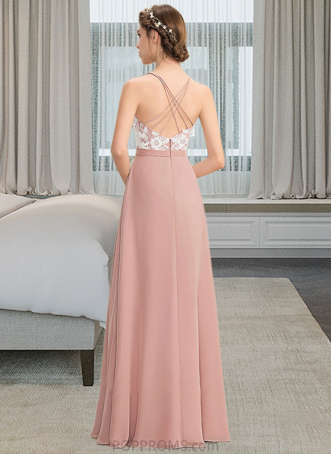 Ruby A-Line V-neck Floor-Length Chiffon Lace Bridesmaid Dress With Split Front PP6P0013045