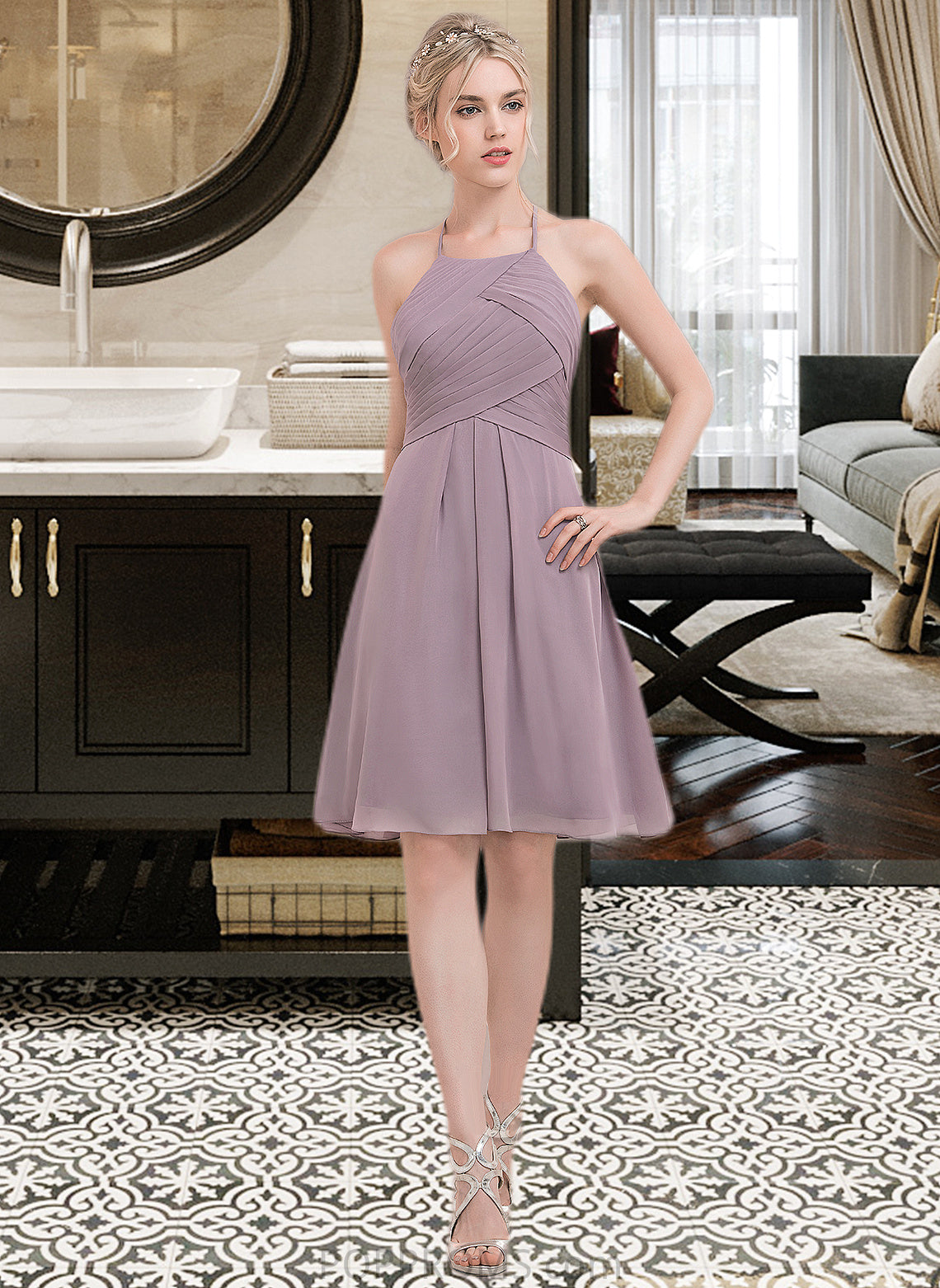 Theresa A-Line Scoop Neck Knee-Length Chiffon Bridesmaid Dress With Ruffle PP6P0013046