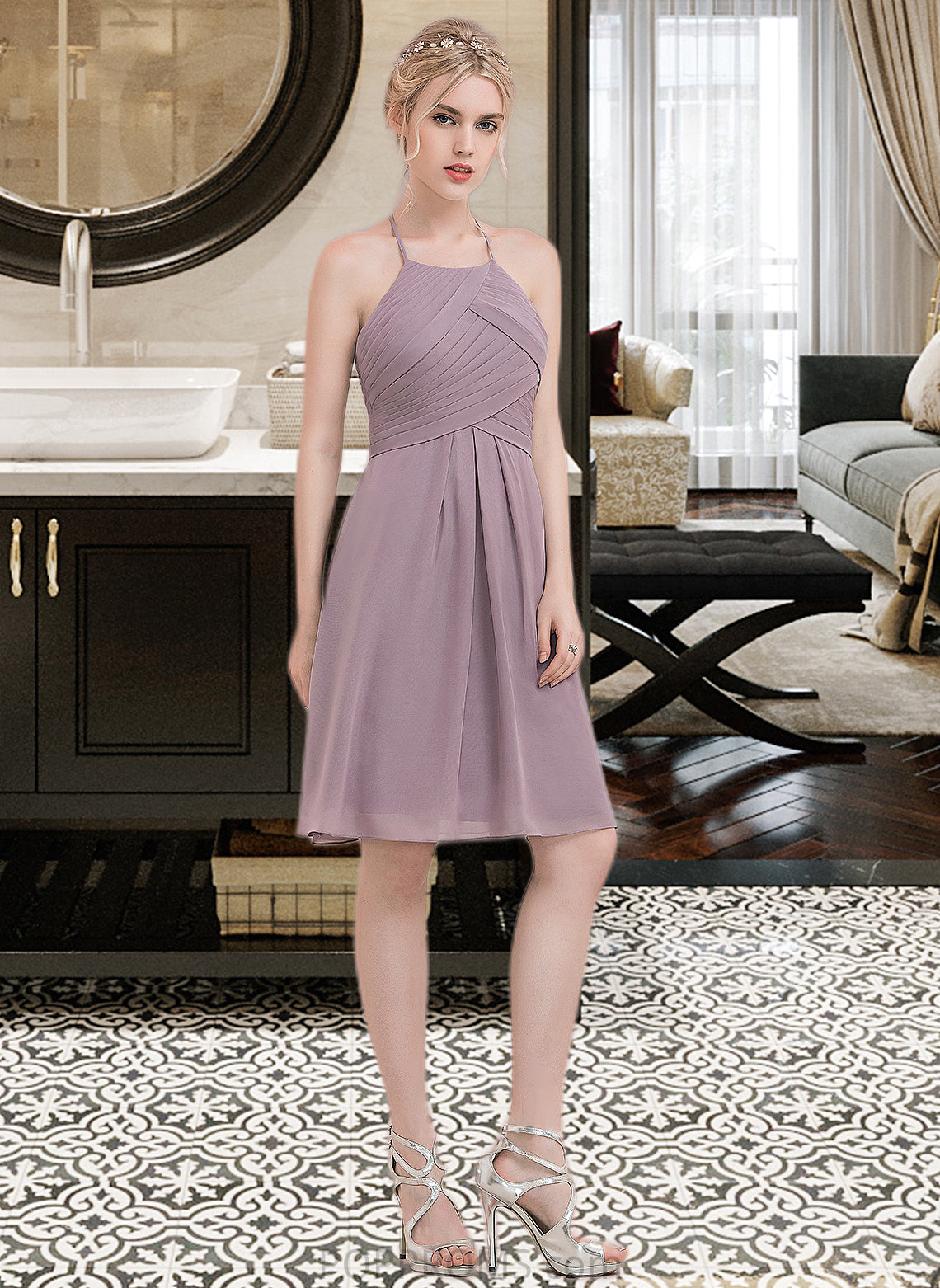 Theresa A-Line Scoop Neck Knee-Length Chiffon Bridesmaid Dress With Ruffle PP6P0013046