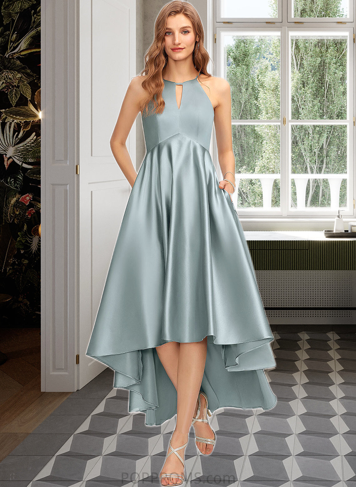 Joanne A-Line Scoop Neck Asymmetrical Satin Bridesmaid Dress With Pockets PP6P0013050