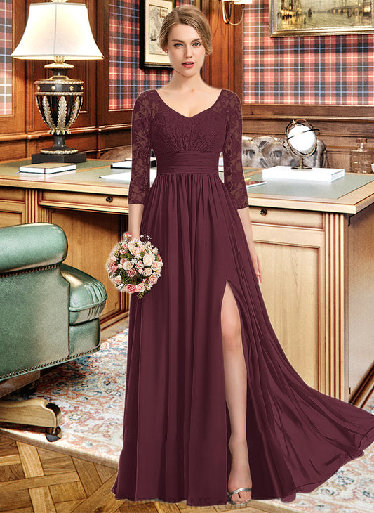 Noemi A-Line V-neck Floor-Length Chiffon Lace Bridesmaid Dress With Ruffle Split Front PP6P0013051