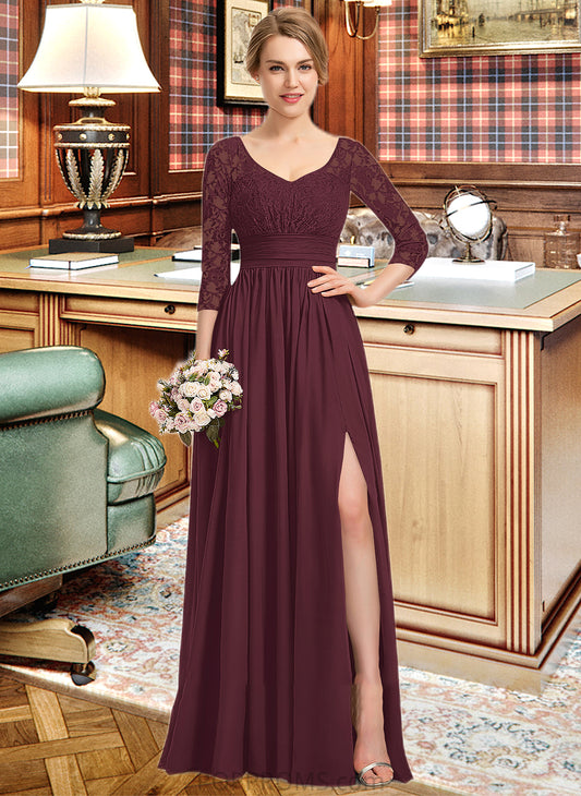 Noemi A-Line V-neck Floor-Length Chiffon Lace Bridesmaid Dress With Ruffle Split Front PP6P0013051