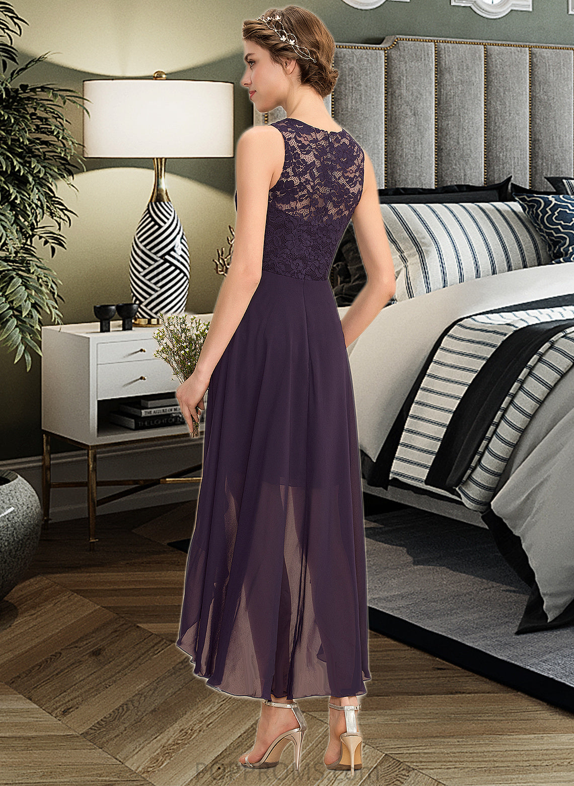 Bria A-Line Scoop Neck Asymmetrical Chiffon Lace Bridesmaid Dress PP6P0013052