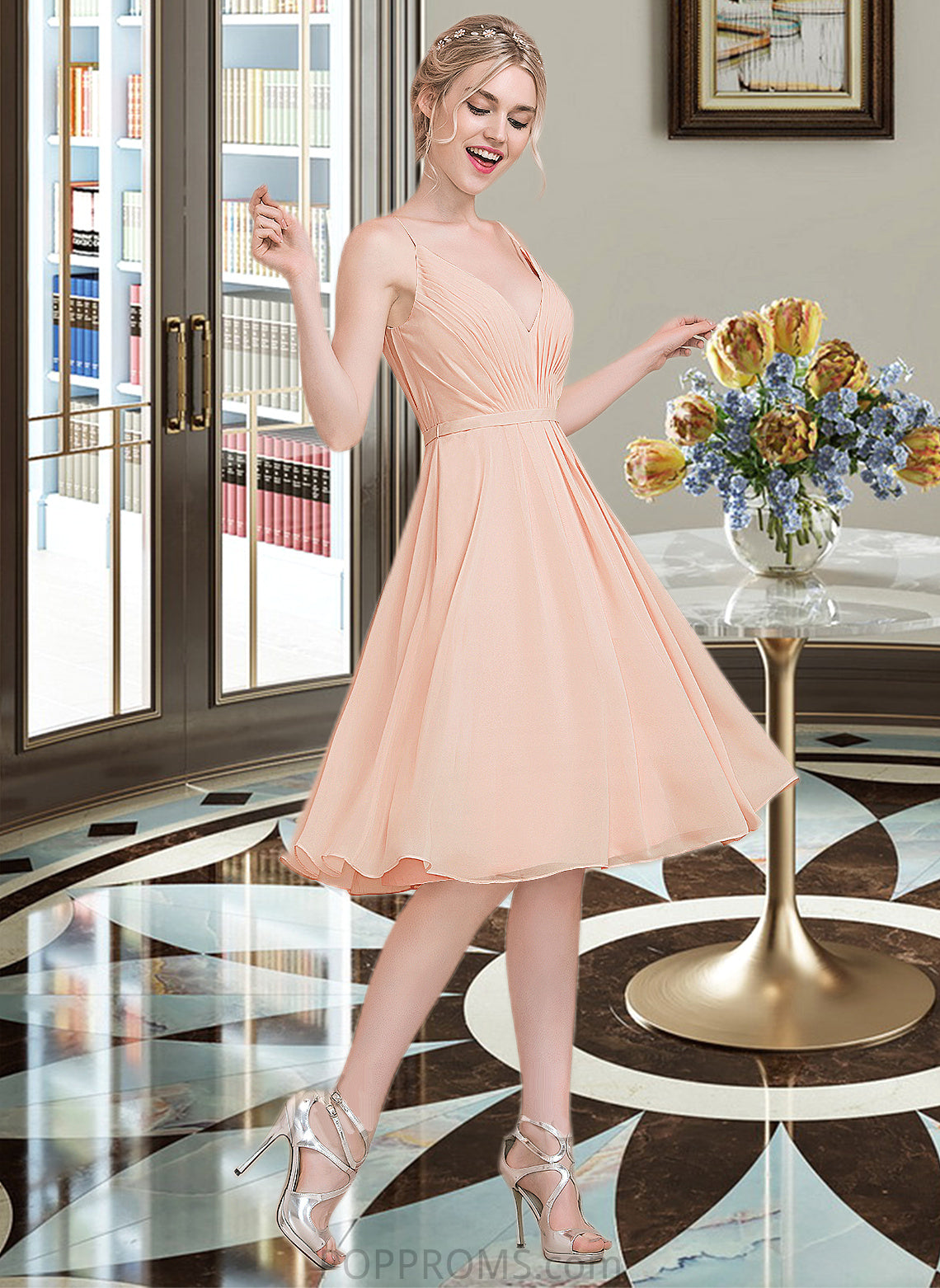 Kaliyah A-line V-Neck Knee-Length Chiffon Bridesmaid Dress With Ruffle PP6P0013053