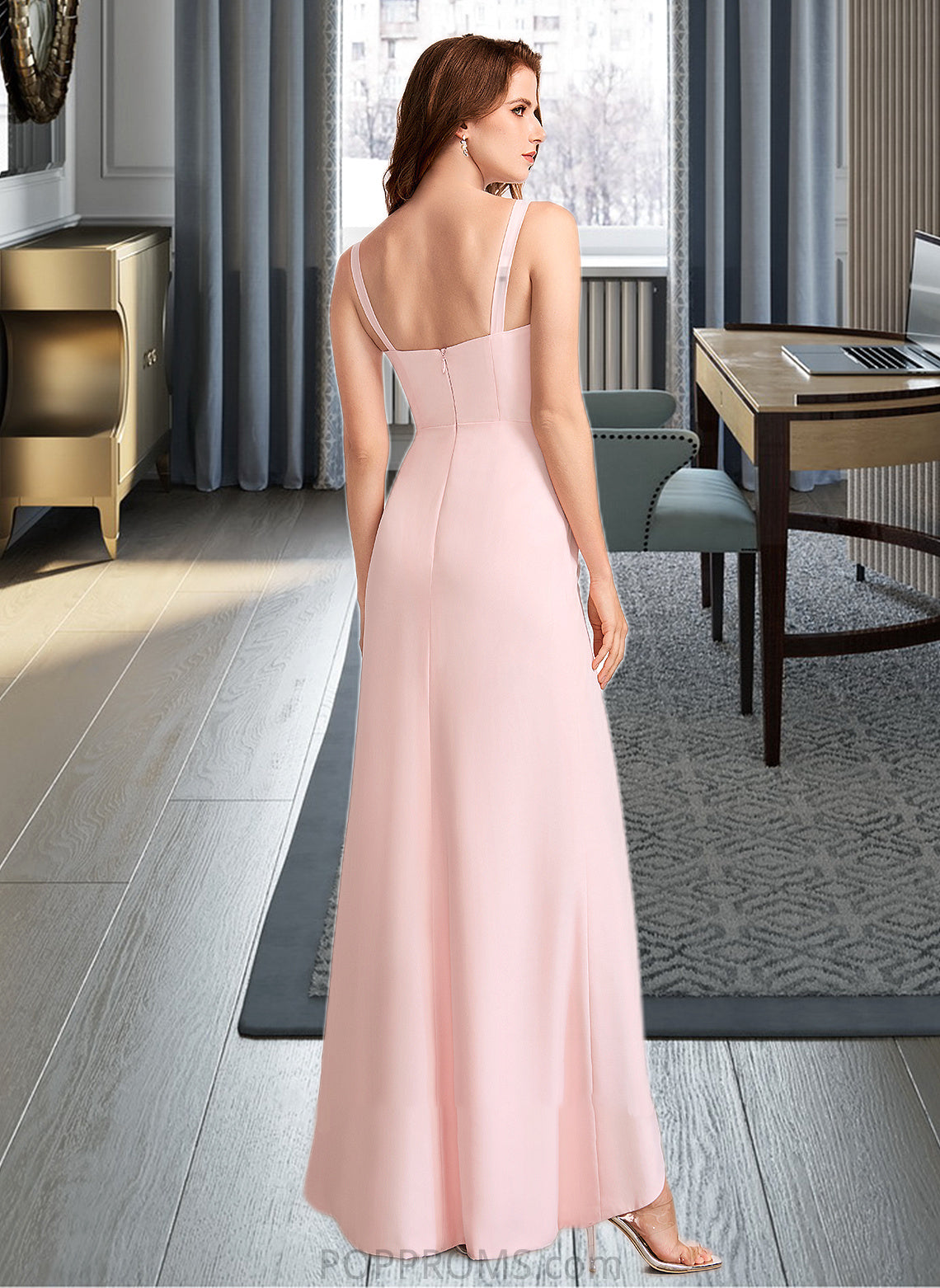 Tessa Sheath/Column V-neck Floor-Length Bridesmaid Dress With Split Front PP6P0013055