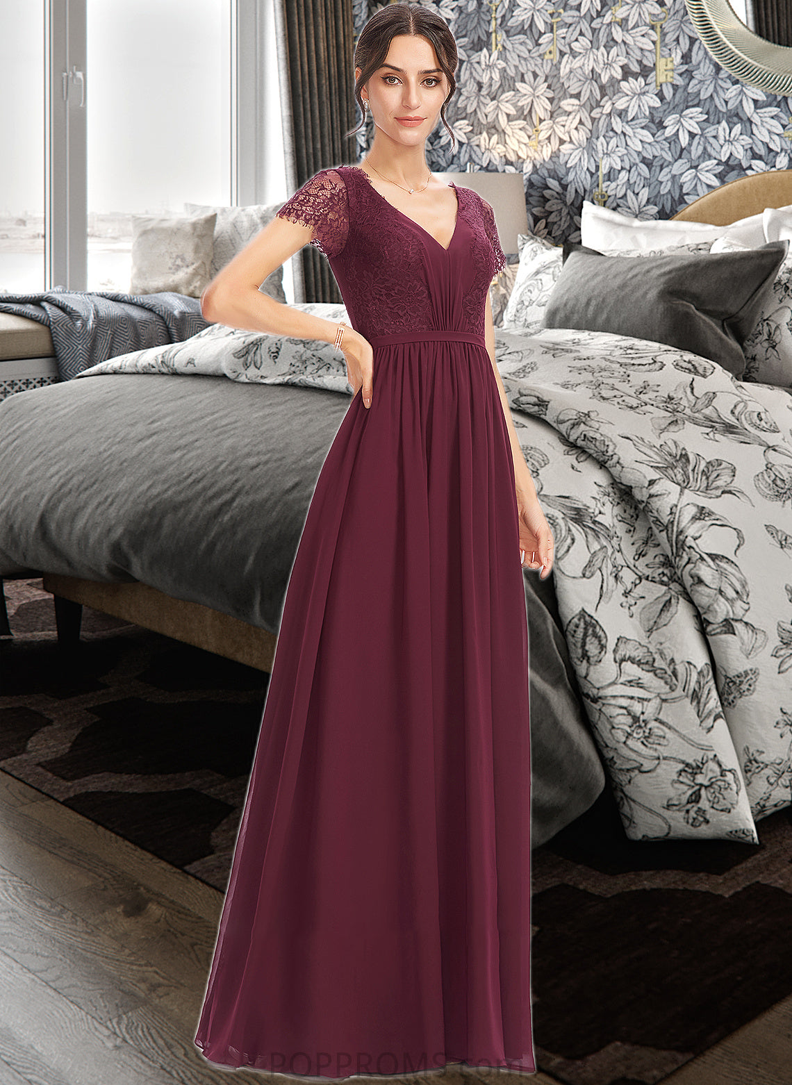 Dayami A-Line V-neck Floor-Length Bridesmaid Dress With Lace PP6P0013056