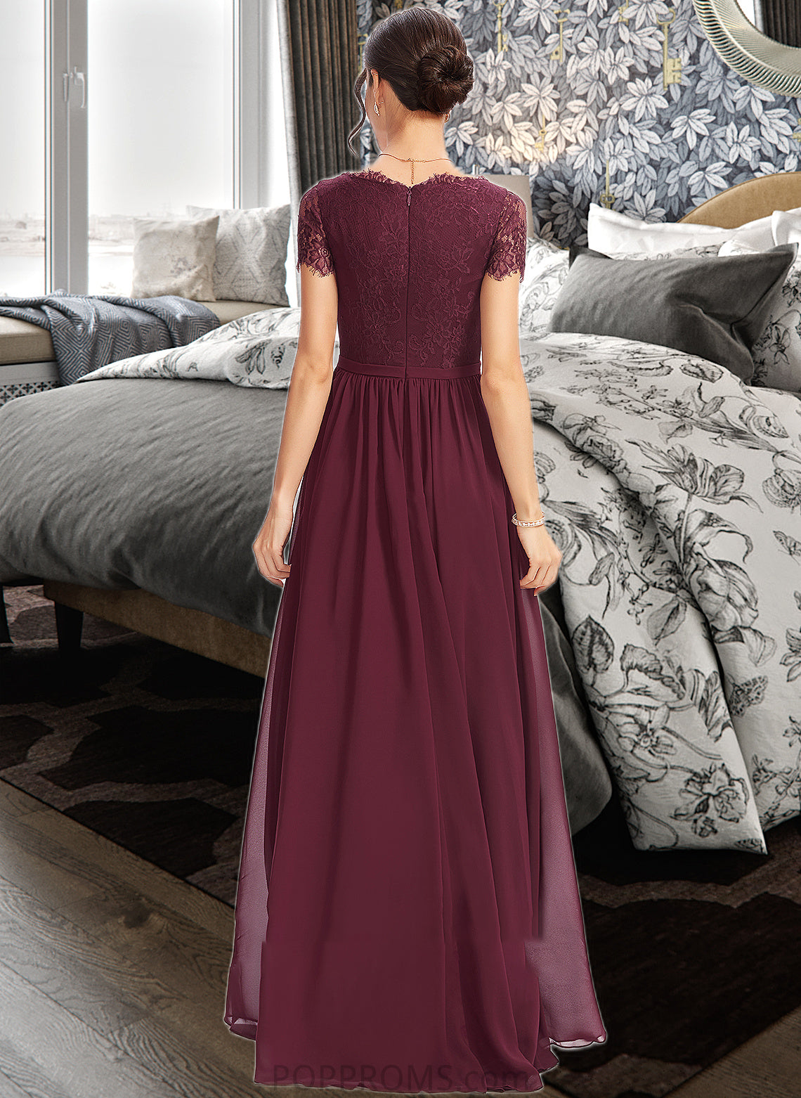 Dayami A-Line V-neck Floor-Length Bridesmaid Dress With Lace PP6P0013056