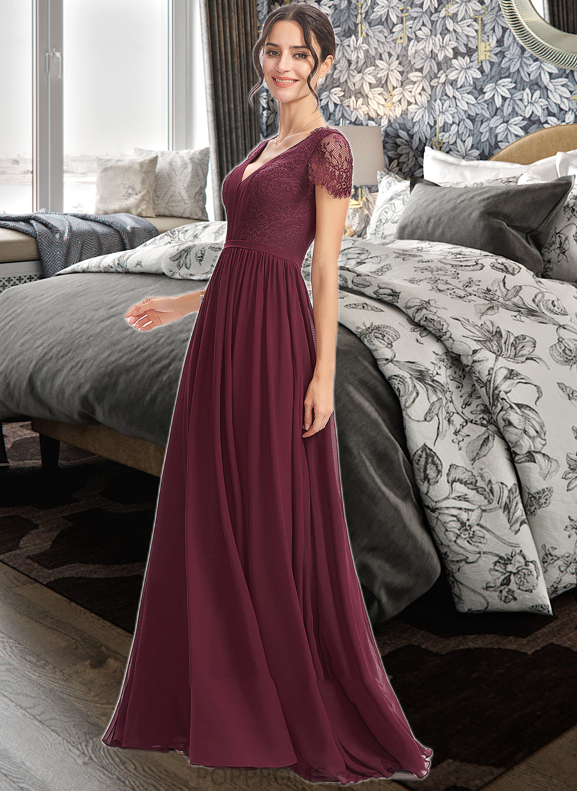 Dayami A-Line V-neck Floor-Length Bridesmaid Dress With Lace PP6P0013056