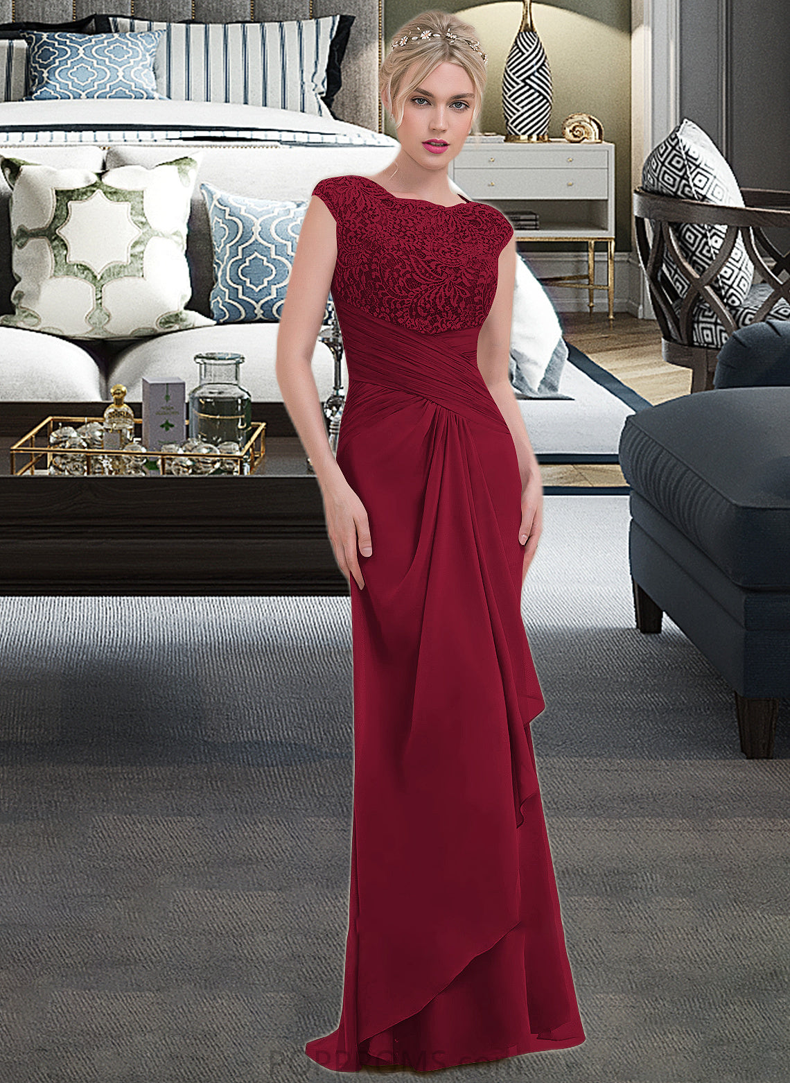 Athena Sheath/Column Scoop Neck Floor-Length Chiffon Lace Bridesmaid Dress With Cascading Ruffles PP6P0013057