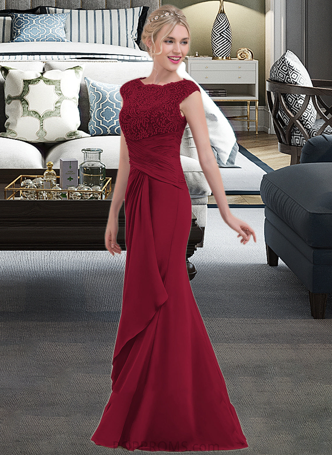 Athena Sheath/Column Scoop Neck Floor-Length Chiffon Lace Bridesmaid Dress With Cascading Ruffles PP6P0013057