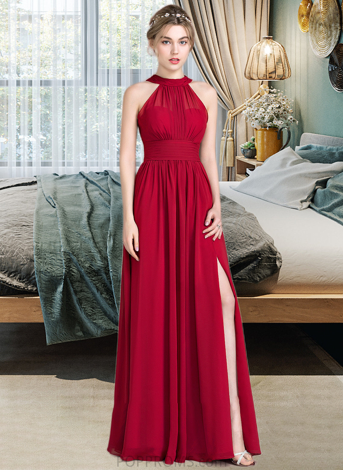 Mattie A-Line Scoop Neck Floor-Length Chiffon Bridesmaid Dress With Ruffle Bow(s) Split Front PP6P0013058