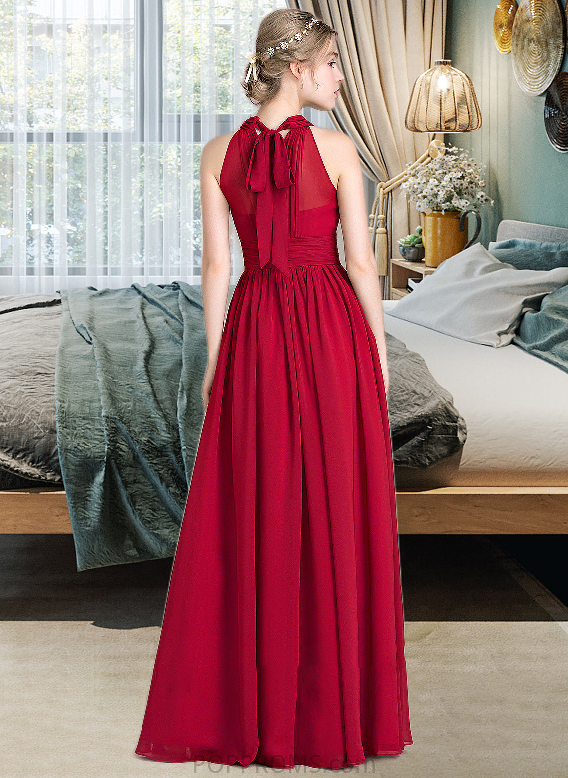 Mattie A-Line Scoop Neck Floor-Length Chiffon Bridesmaid Dress With Ruffle Bow(s) Split Front PP6P0013058