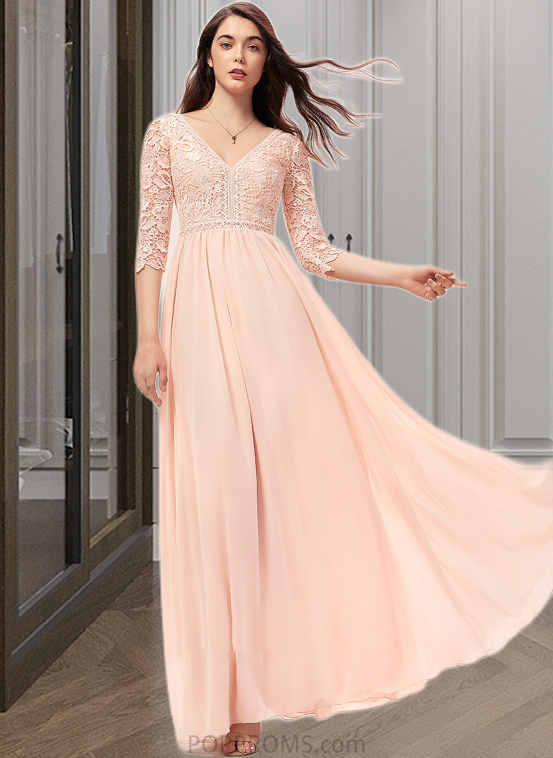 Dania A-line V-Neck Floor-Length Chiffon Lace Bridesmaid Dress PP6P0013062