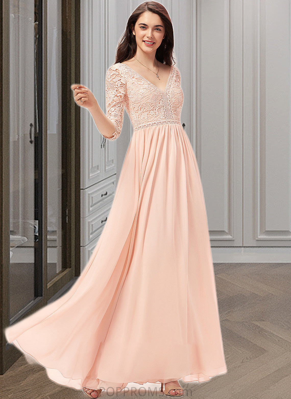 Dania A-line V-Neck Floor-Length Chiffon Lace Bridesmaid Dress PP6P0013062