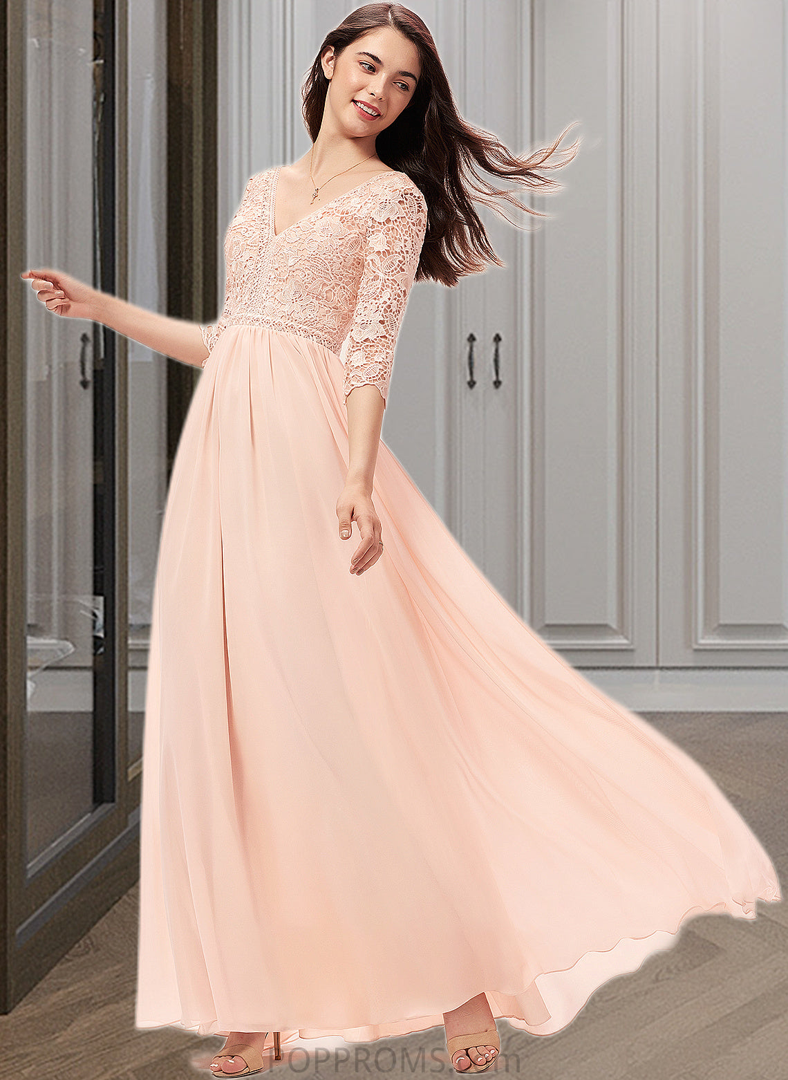 Dania A-line V-Neck Floor-Length Chiffon Lace Bridesmaid Dress PP6P0013062