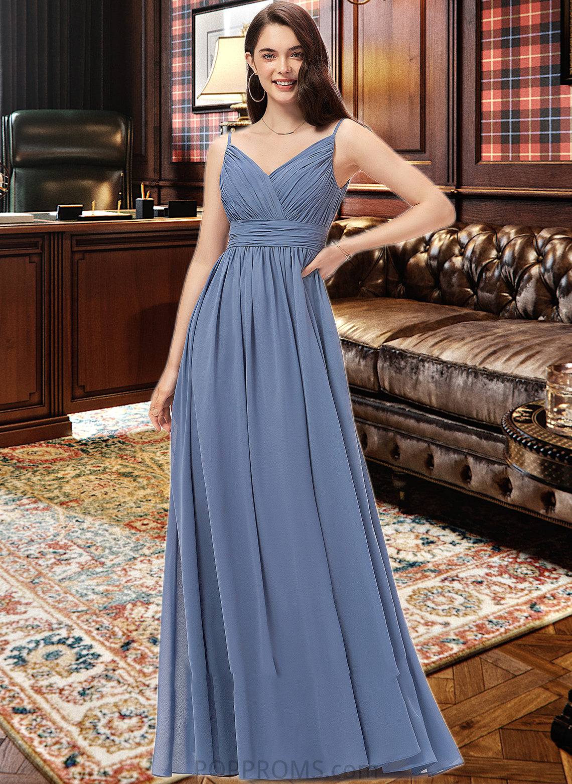 Roselyn A-line V-Neck Floor-Length Chiffon Bridesmaid Dress PP6P0013063