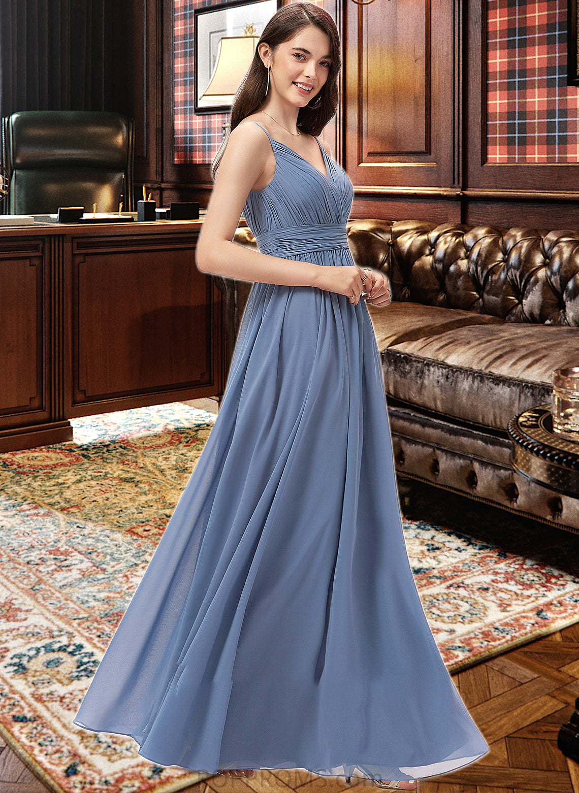 Roselyn A-line V-Neck Floor-Length Chiffon Bridesmaid Dress PP6P0013063