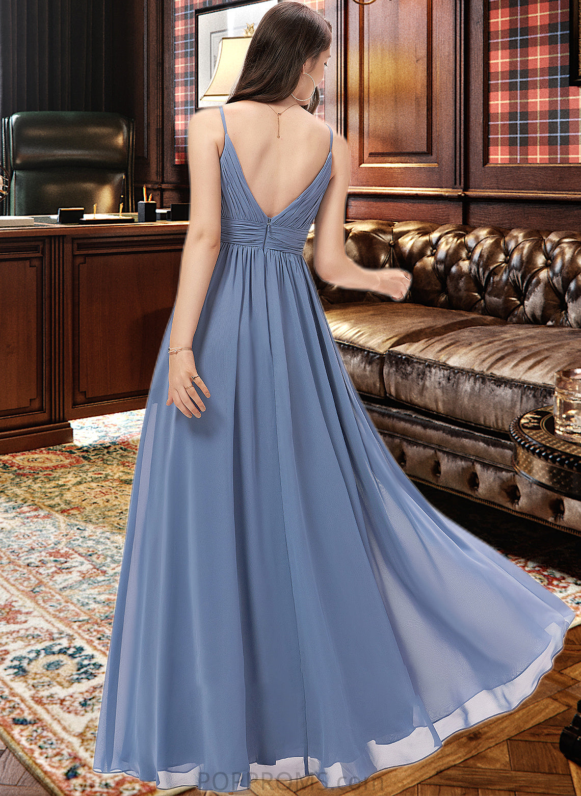 Roselyn A-line V-Neck Floor-Length Chiffon Bridesmaid Dress PP6P0013063