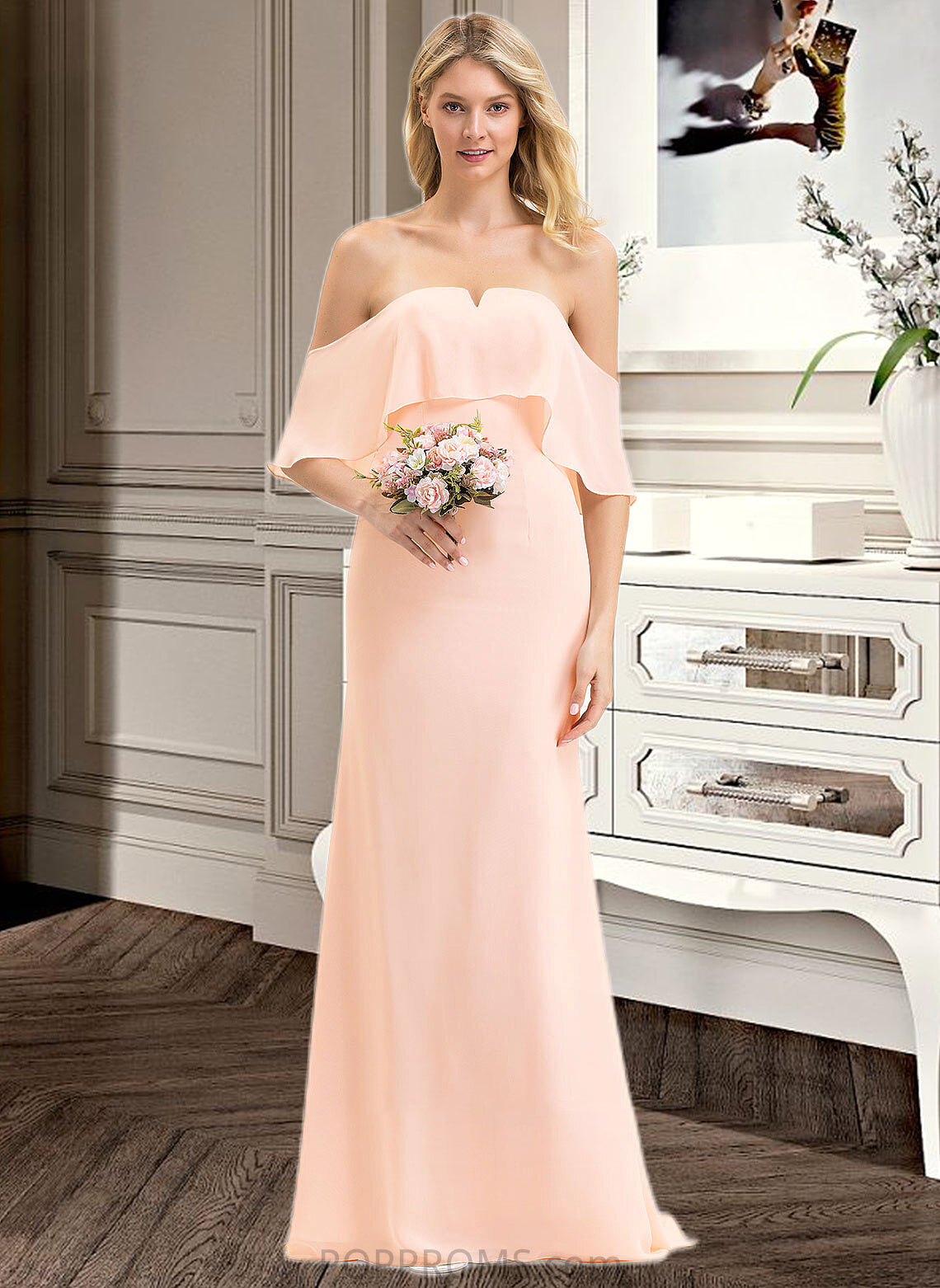 Chana Trumpet/Mermaid Off the Shoulder Sweep Train Chiffon Bridesmaid Dress PP6P0013064