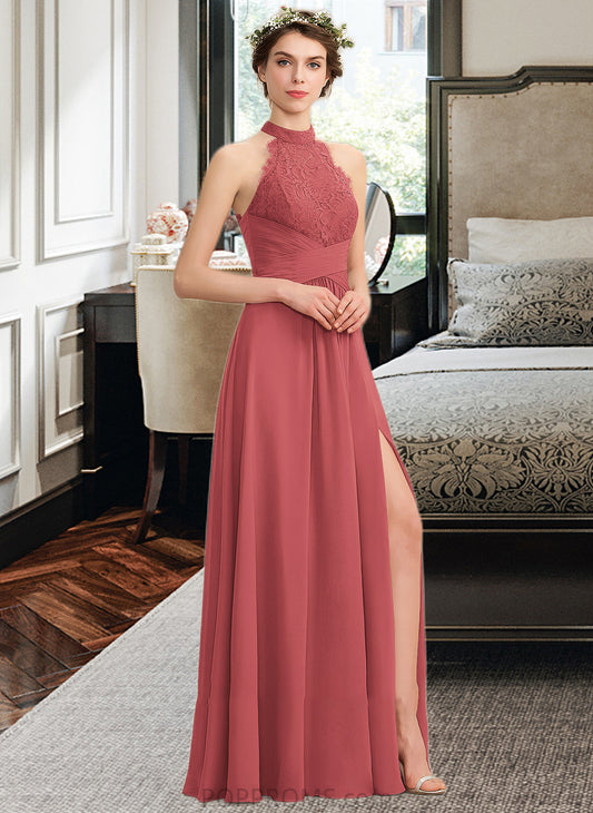 Lucille A-Line High Neck Floor-Length Chiffon Lace Bridesmaid Dress With Ruffle Split Front PP6P0013065