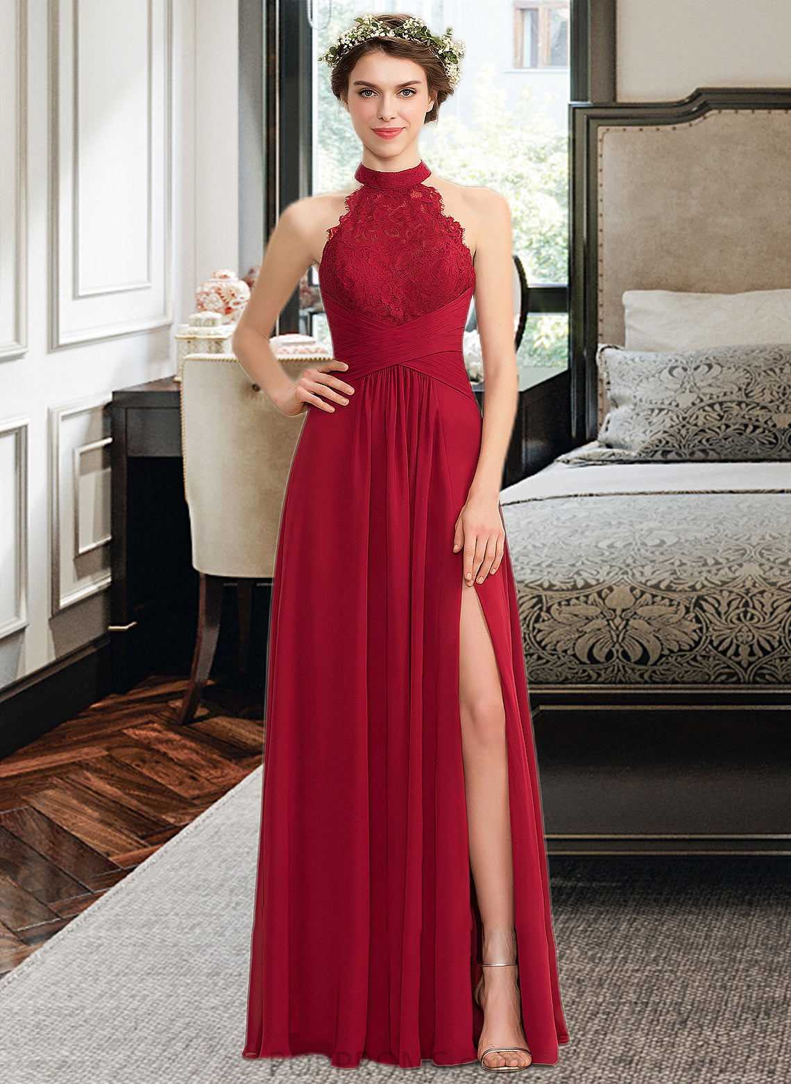 Lucille A-Line High Neck Floor-Length Chiffon Lace Bridesmaid Dress With Ruffle Split Front PP6P0013065