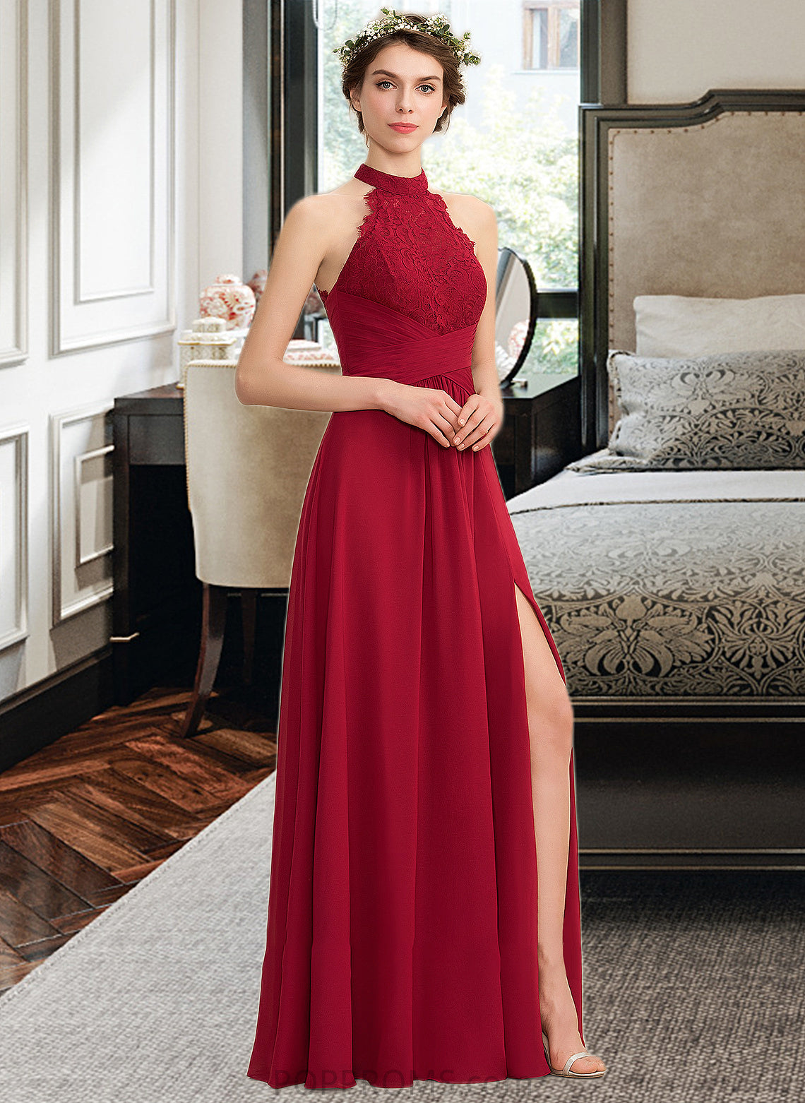 Lucille A-Line High Neck Floor-Length Chiffon Lace Bridesmaid Dress With Ruffle Split Front PP6P0013065