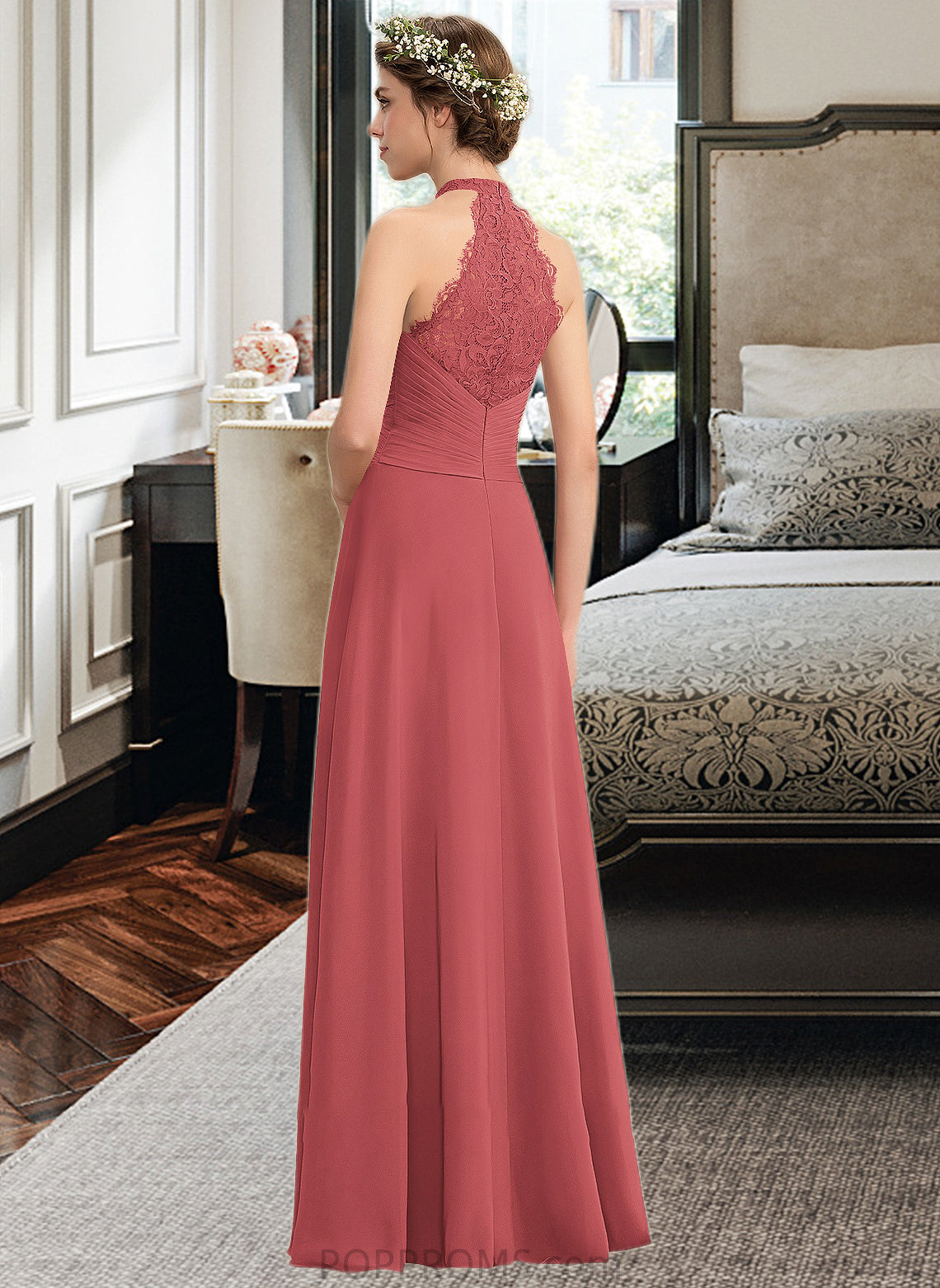 Lucille A-Line High Neck Floor-Length Chiffon Lace Bridesmaid Dress With Ruffle Split Front PP6P0013065