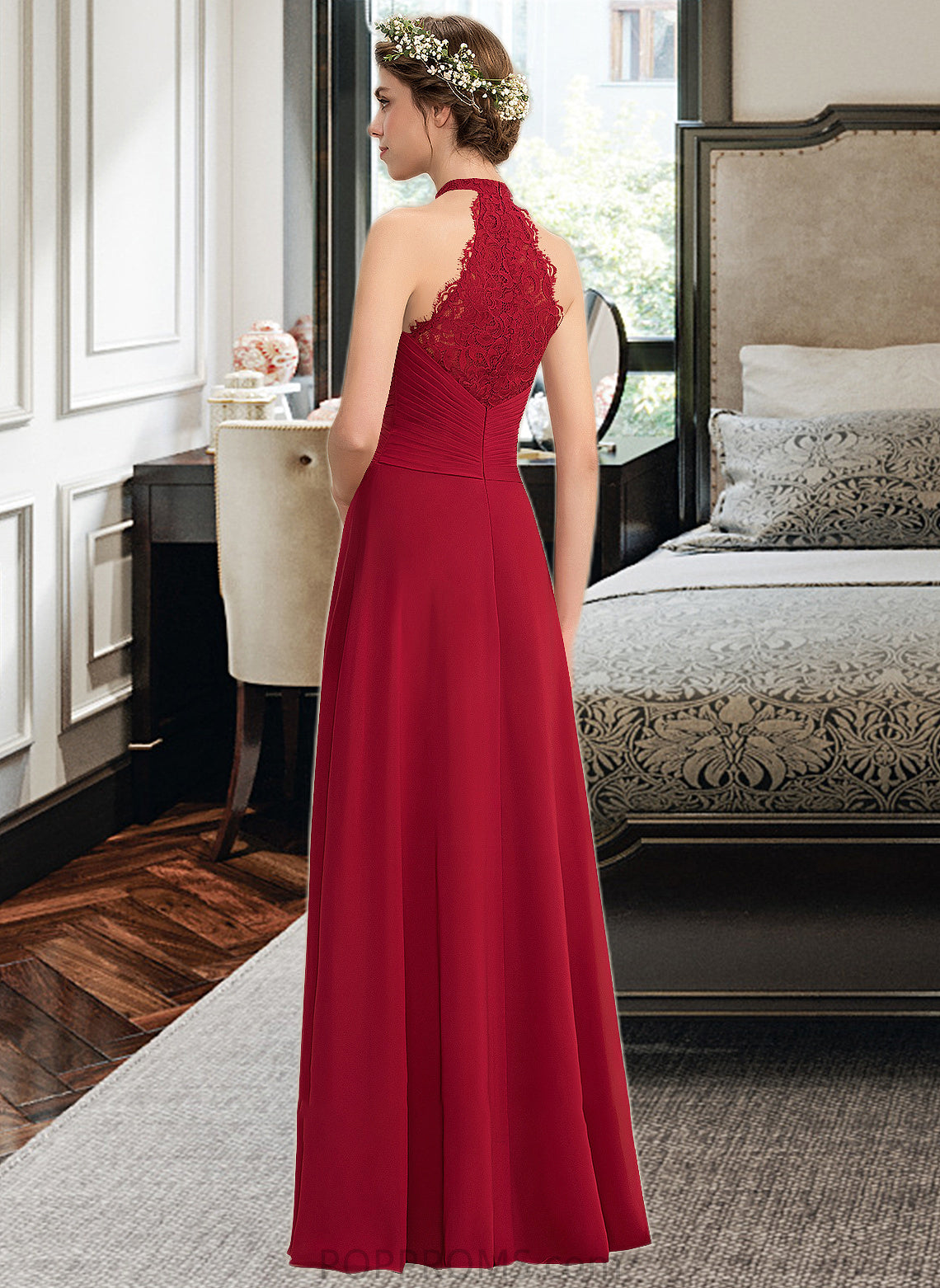 Lucille A-Line High Neck Floor-Length Chiffon Lace Bridesmaid Dress With Ruffle Split Front PP6P0013065