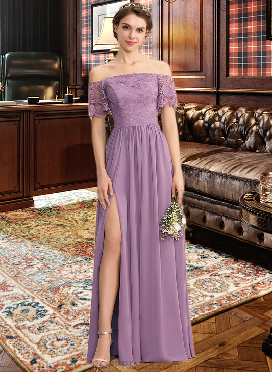 Cora A-Line Off-the-Shoulder Floor-Length Chiffon Lace Bridesmaid Dress With Split Front PP6P0013066