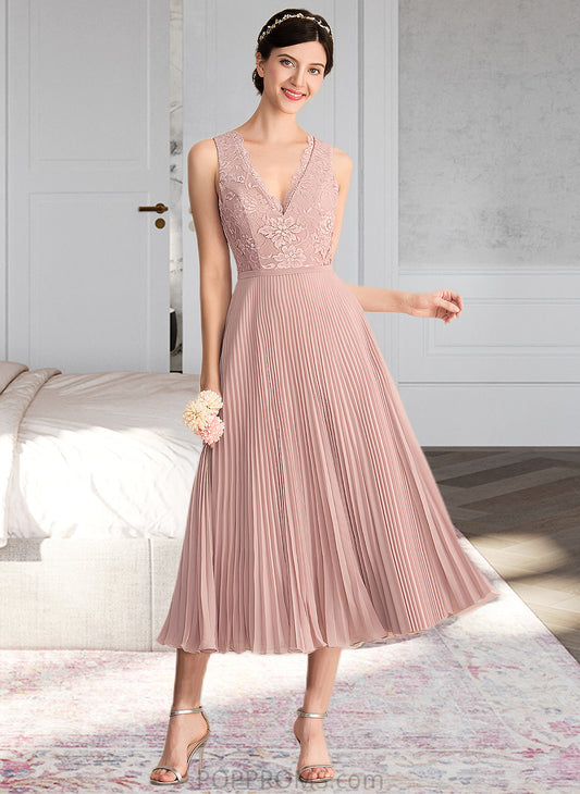 Kaylin A-Line V-neck Tea-Length Chiffon Lace Bridesmaid Dress With Pleated PP6P0013067