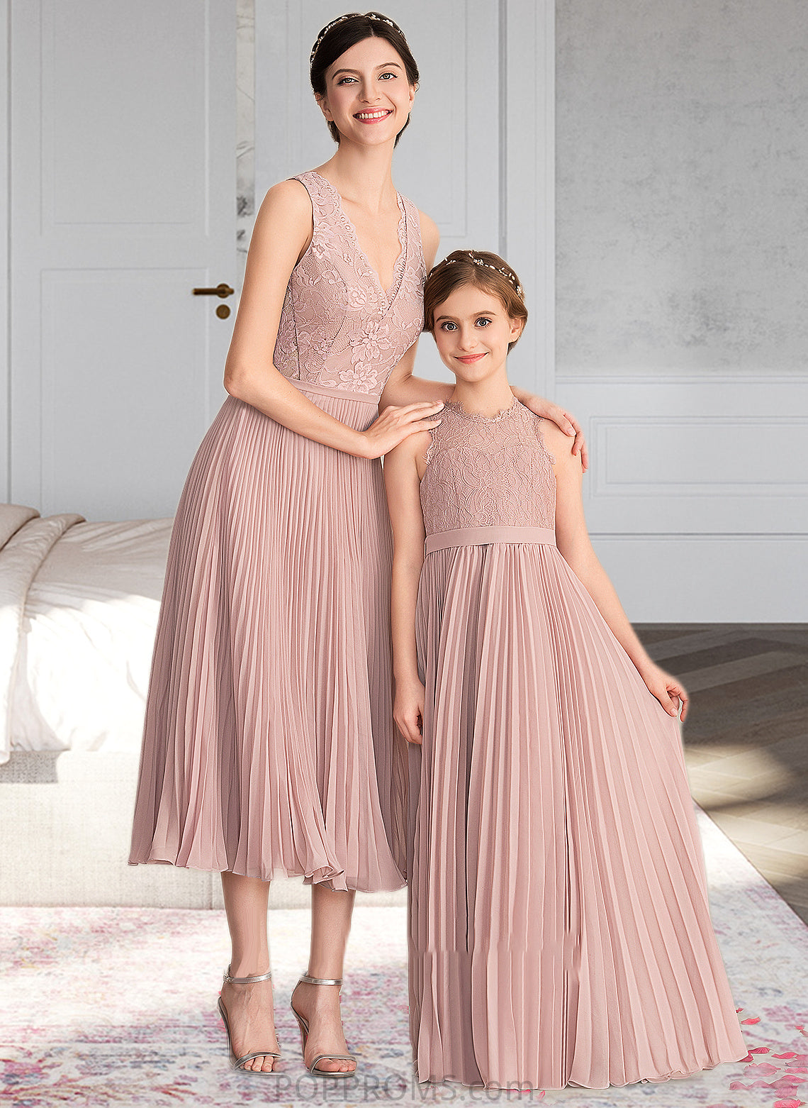 Kaylin A-Line V-neck Tea-Length Chiffon Lace Bridesmaid Dress With Pleated PP6P0013067