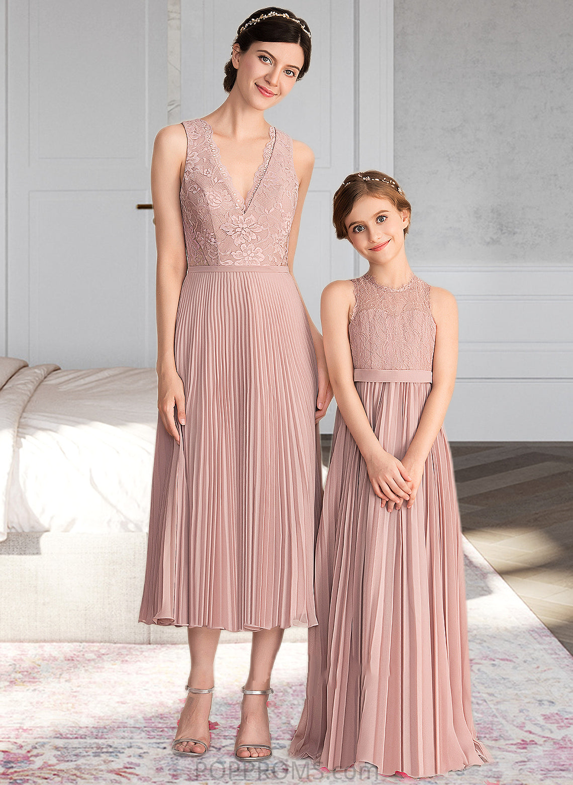 Kaylin A-Line V-neck Tea-Length Chiffon Lace Bridesmaid Dress With Pleated PP6P0013067