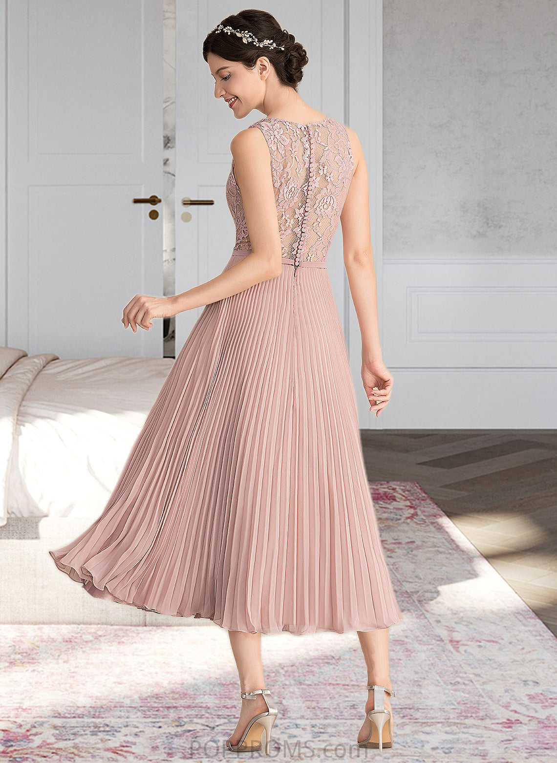 Kaylin A-Line V-neck Tea-Length Chiffon Lace Bridesmaid Dress With Pleated PP6P0013067