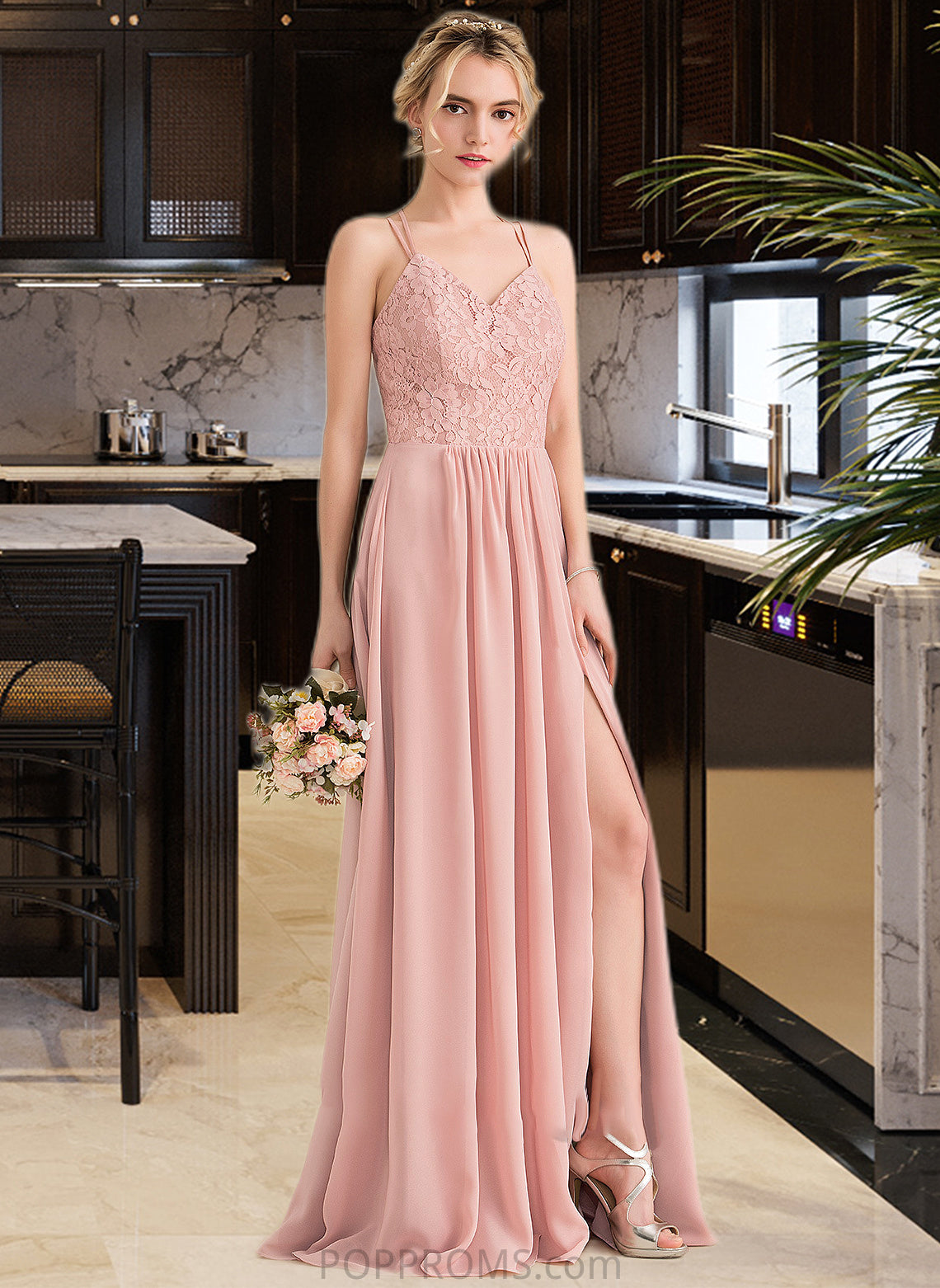 Alexa A-Line Sweetheart Floor-Length Chiffon Lace Bridesmaid Dress With Split Front PP6P0013068