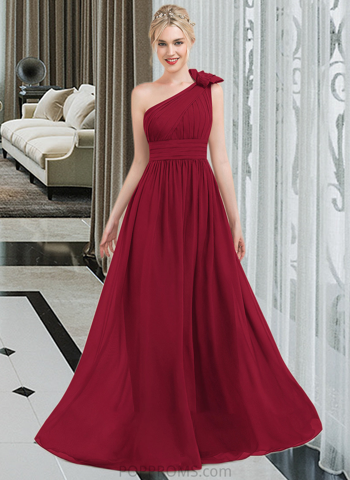 Frederica A-Line One-Shoulder Floor-Length Chiffon Bridesmaid Dress With Ruffle Flower(s) PP6P0013069