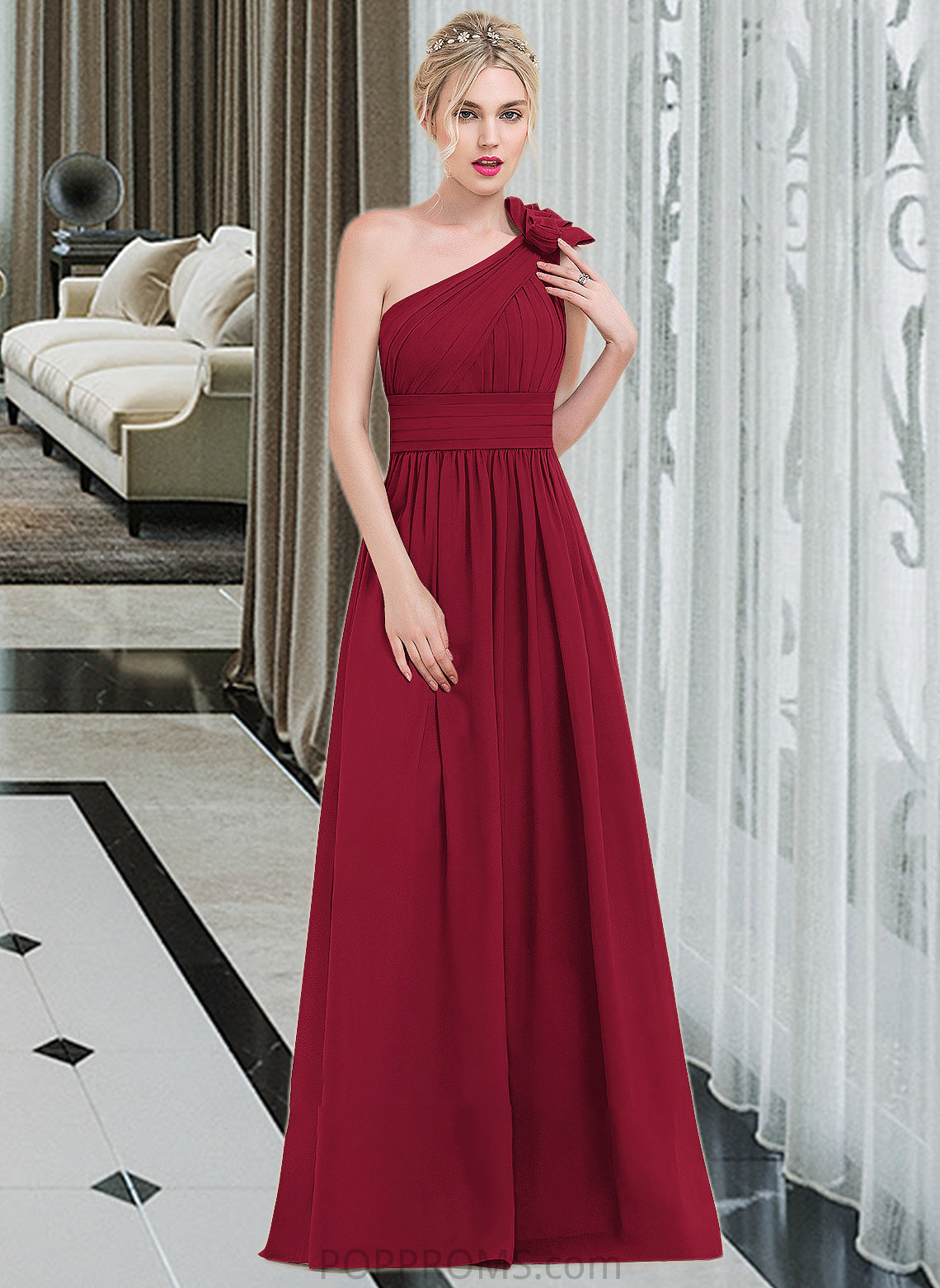 Frederica A-Line One-Shoulder Floor-Length Chiffon Bridesmaid Dress With Ruffle Flower(s) PP6P0013069