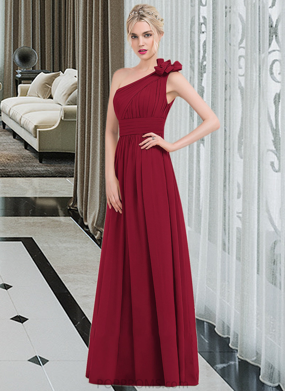 Frederica A-Line One-Shoulder Floor-Length Chiffon Bridesmaid Dress With Ruffle Flower(s) PP6P0013069