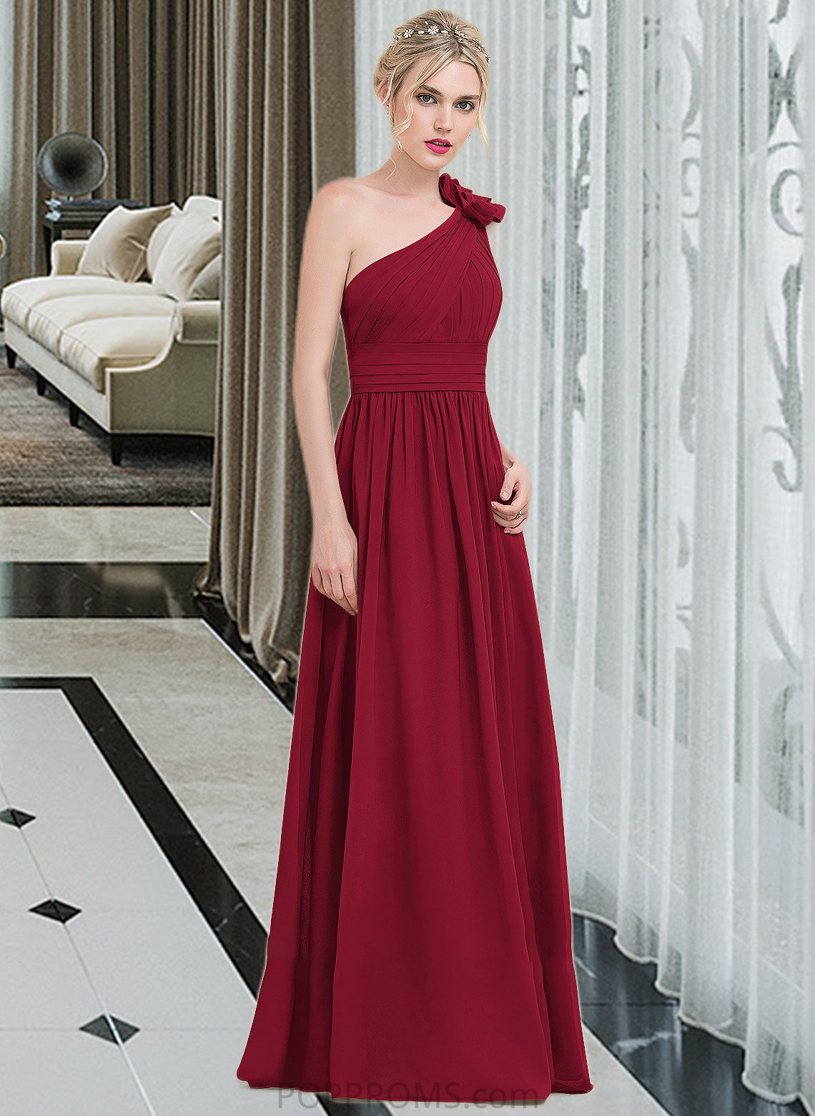 Frederica A-Line One-Shoulder Floor-Length Chiffon Bridesmaid Dress With Ruffle Flower(s) PP6P0013069