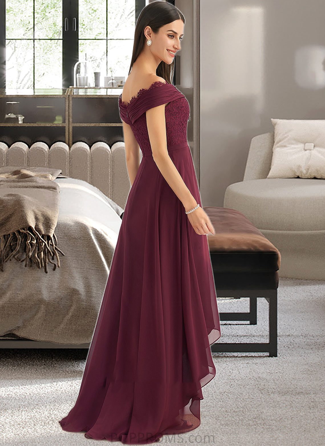 Kristen A-Line Off-the-Shoulder Asymmetrical Bridesmaid Dress With Lace PP6P0013070