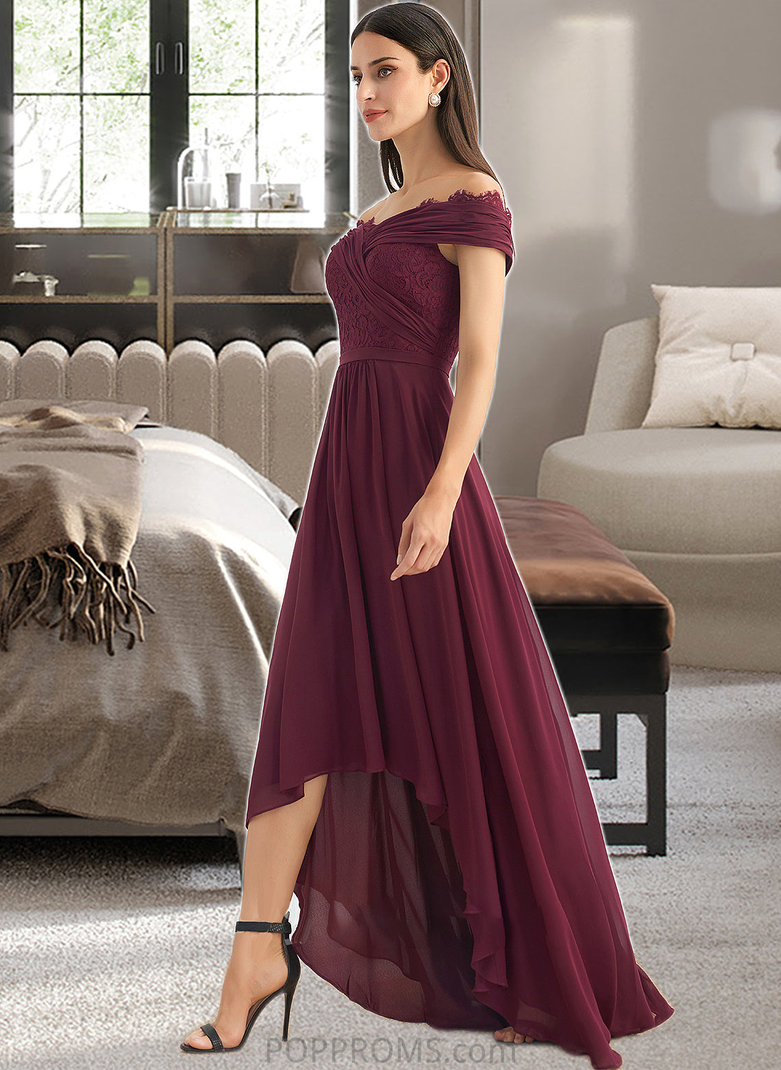 Kristen A-Line Off-the-Shoulder Asymmetrical Bridesmaid Dress With Lace PP6P0013070