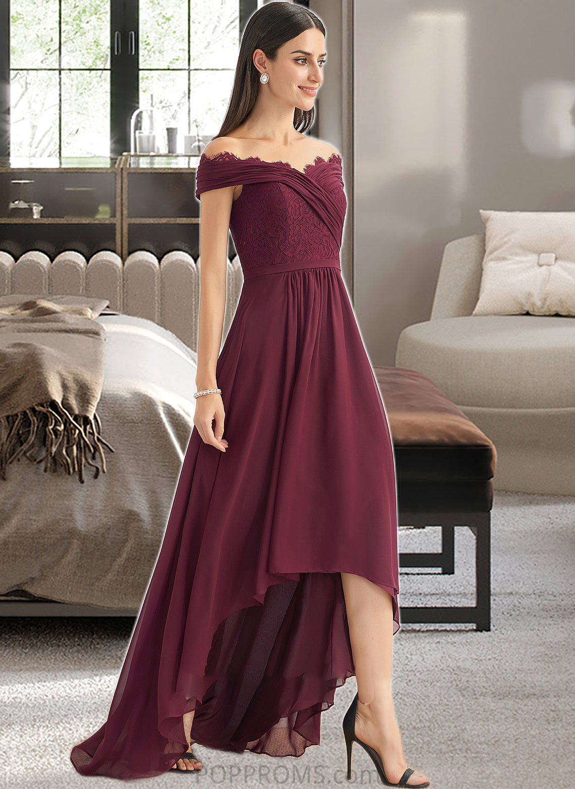 Kristen A-Line Off-the-Shoulder Asymmetrical Bridesmaid Dress With Lace PP6P0013070