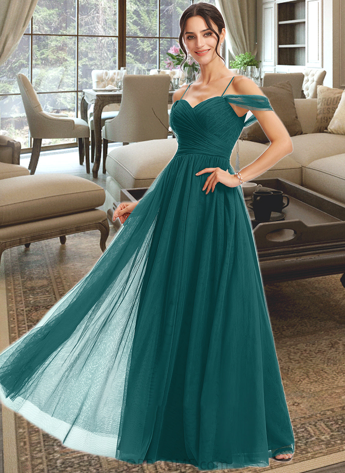 Lacey A-Line V-neck Floor-Length Bridesmaid Dress With Ruffle PP6P0013072