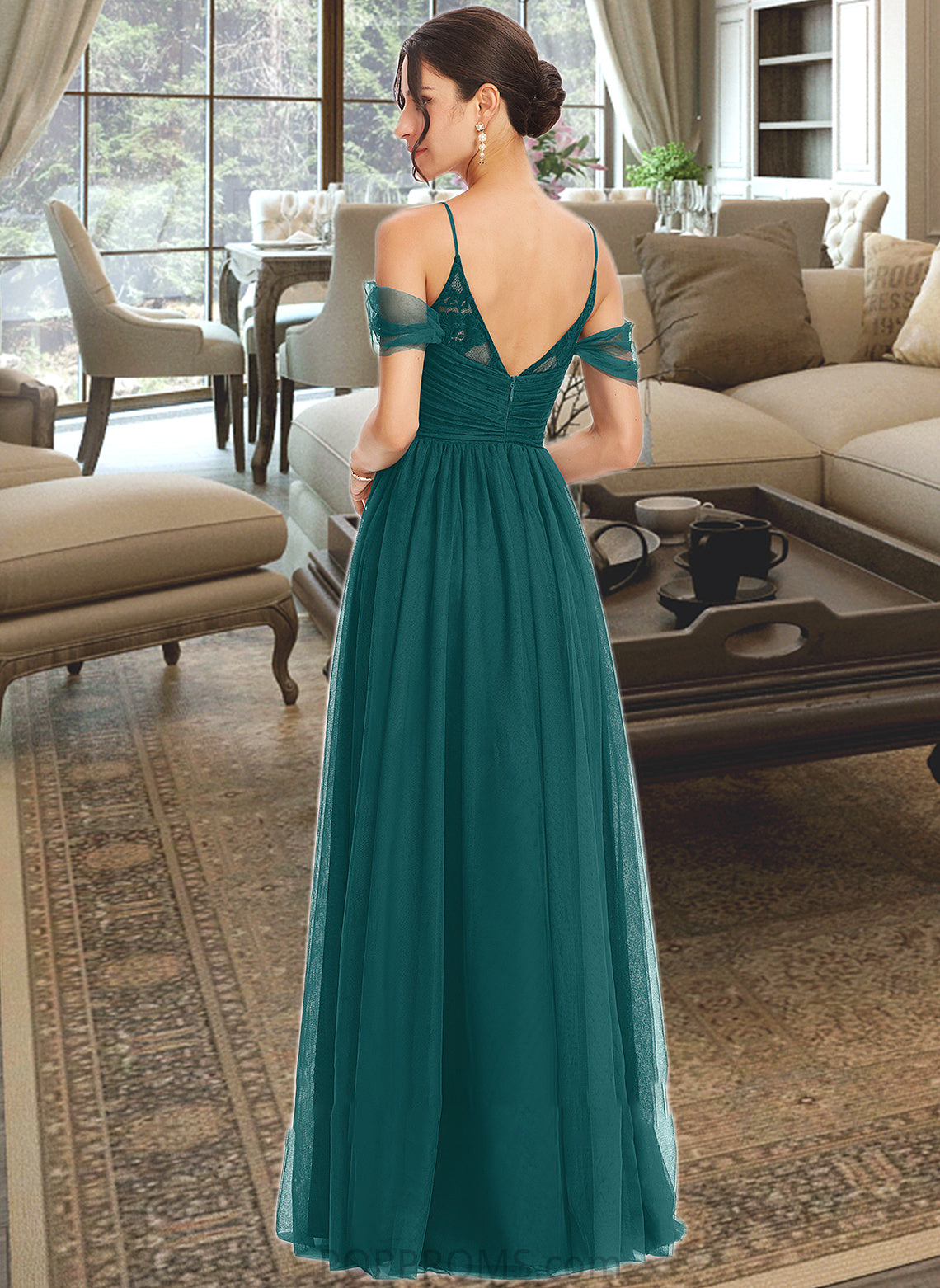 Lacey A-Line V-neck Floor-Length Bridesmaid Dress With Ruffle PP6P0013072